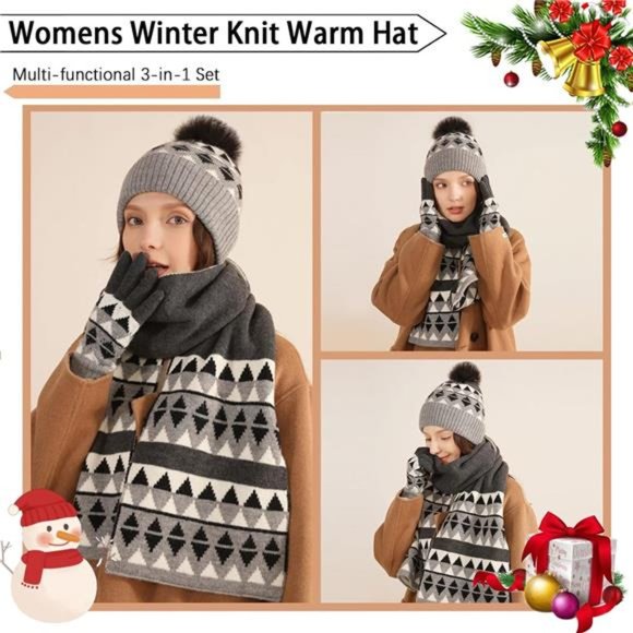 3-in-1 Winter Beanie Hat Scarf Gloves Knitted Set,  Black
